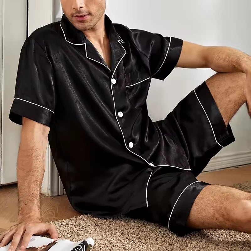 Men Satin Pajama Set Sleepwear for Man Summer Short Sleeve Button-Down Shirt & Shorts Pajamas 2 Piece Home Clothes Short Suit Black