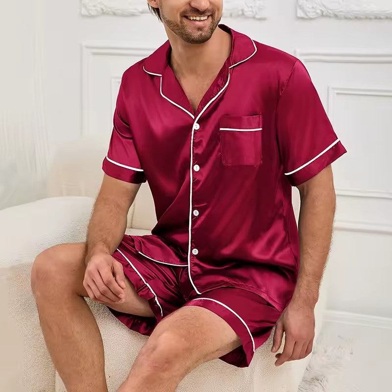 Men Satin Pajama Set Sleepwear for Man Summer Short Sleeve Button-Down Shirt & Shorts Pajamas 2 Piece Home Clothes Short Suit Burgundy