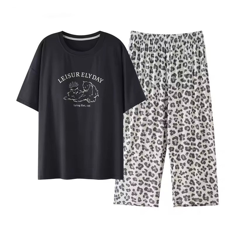 Plus Size Women's Capri Pants Pajamas Sets Polka Dot Print Modal Sleepwear for Women Summer Knee-length Pajama Woman Loungewear Black