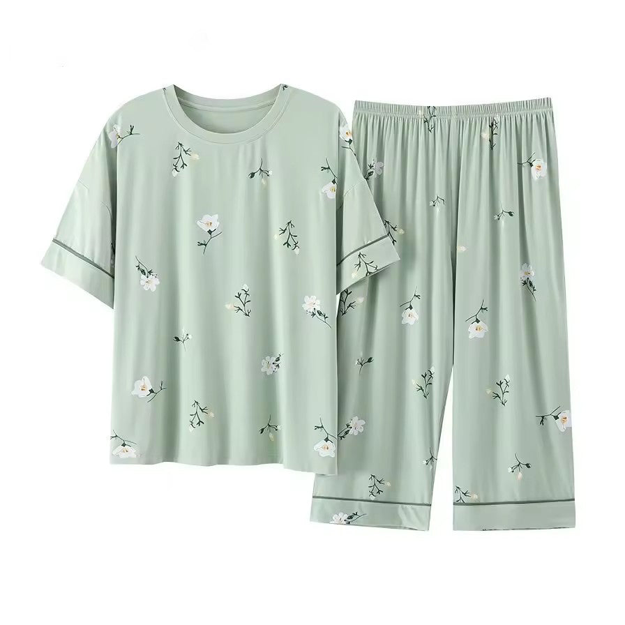 Plus Size Women's Capri Pants Pajamas Sets Polka Dot Print Modal Sleepwear for Women Summer Knee-length Pajama Woman Loungewear Flower