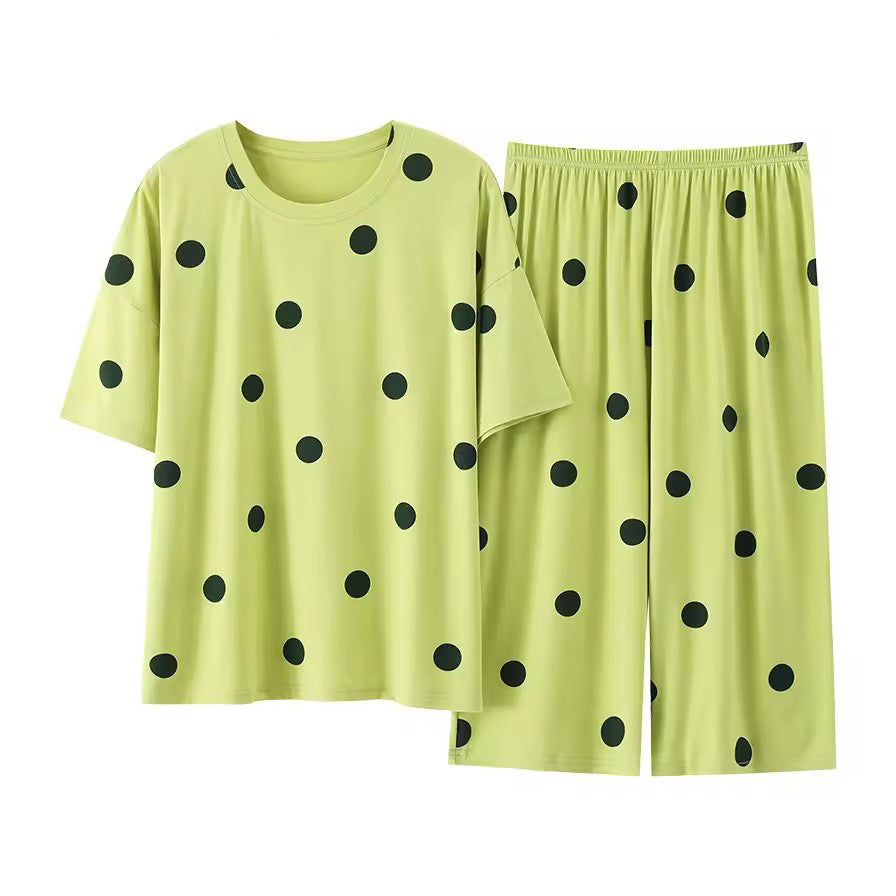 Plus Size Women's Capri Pants Pajamas Sets Polka Dot Print Modal Sleepwear for Women Summer Knee-length Pajama Woman Loungewear Green