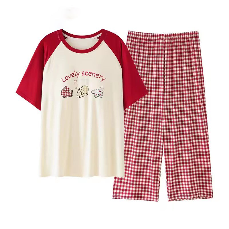 Plus Size Women's Capri Pants Pajamas Sets Polka Dot Print Modal Sleepwear for Women Summer Knee-length Pajama Woman Loungewear Red