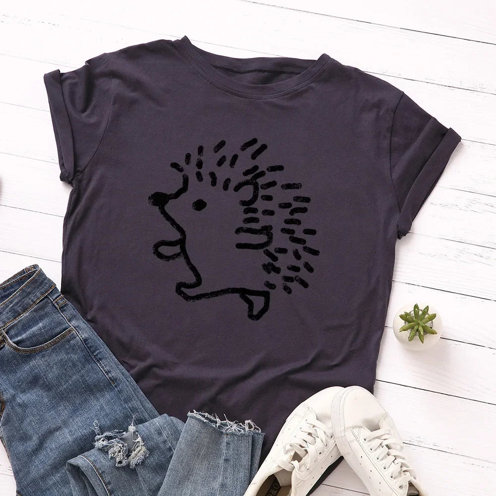 100% Cotton Women T-shirts Cute Hedgehog Printed Graphic T Shirts Woman Short Sleeve Tees Top Female Clothing Ladies Tshirt